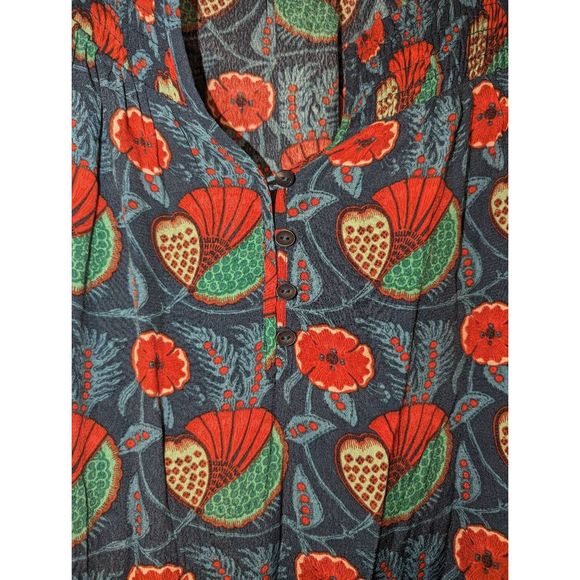 Women's Anthropologie Maeve XL Letitia Smocked Blouse Teal Poppy Babydoll Shirt - Picture 4 of 11